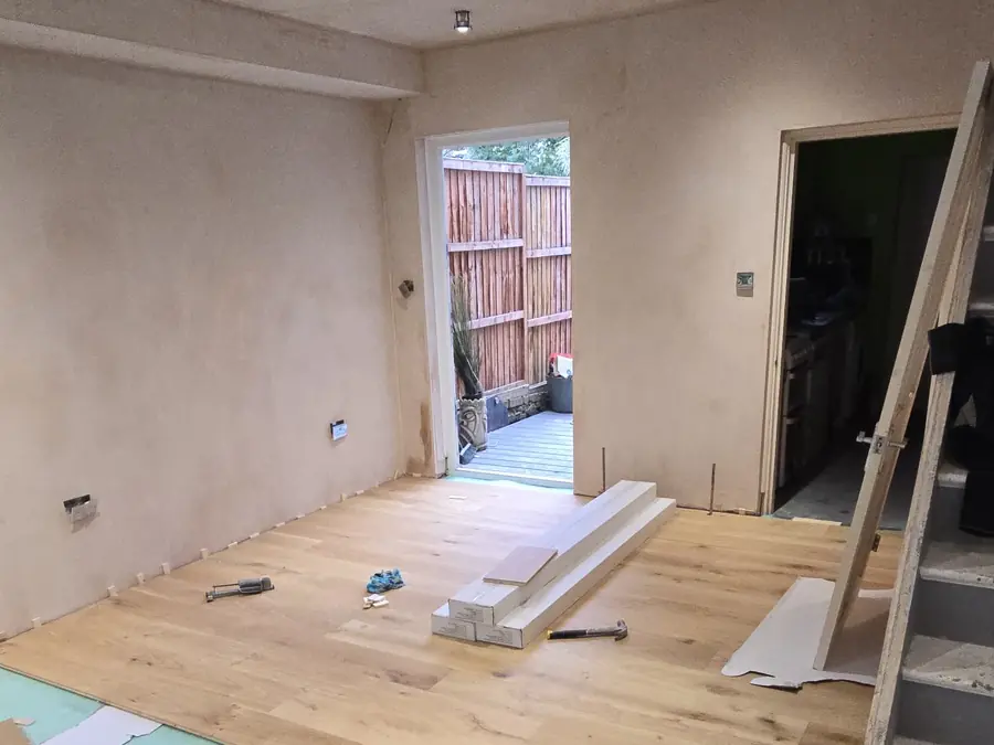 Engineered oak flooring laid through a refurbished ground floor by GS Renovation